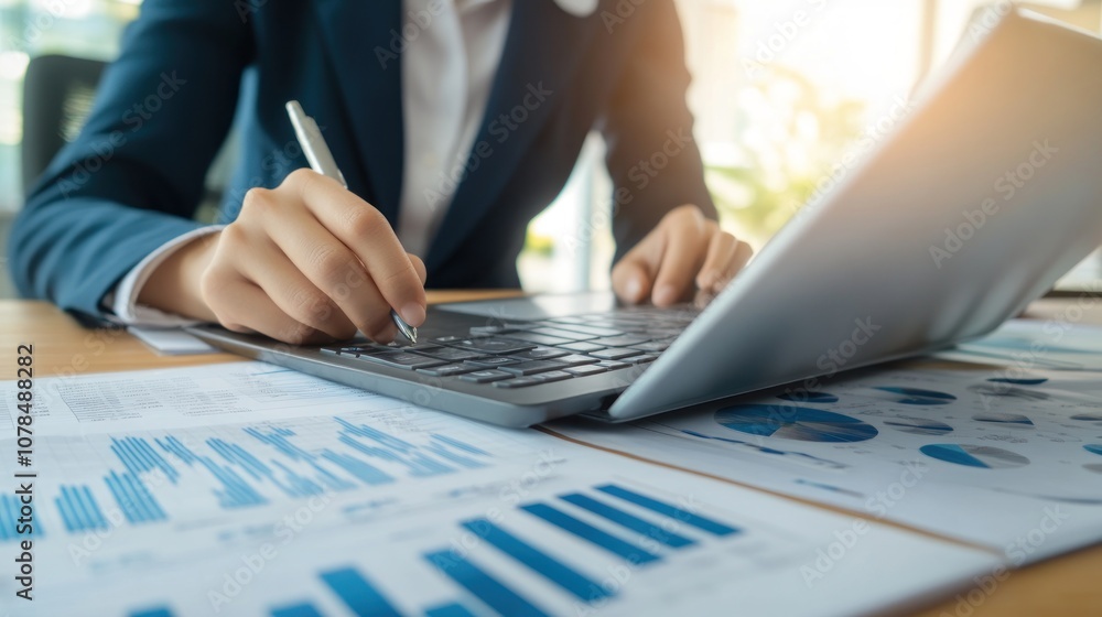 Poster a person analyzes data on a laptop while taking notes on printed reports.