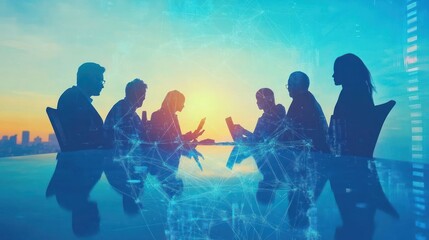 A group of businesspeople are silhouetted against a city skyline at sunset, with a network of lines connecting them.