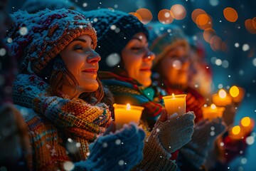 A group of women stands together in a snowy landscape, each holding a glowing candle