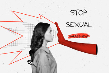 Composite trend artwork sketch image photo collage of stop sexual harassment abuse hand gesture...