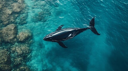 Obraz premium A humpback whale swims near a coral reef.