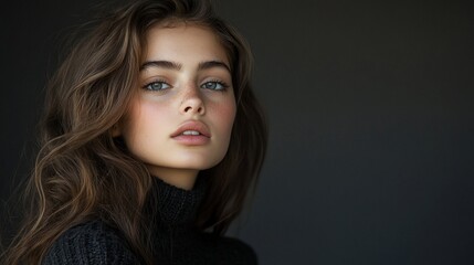 Naklejka premium Young woman with long brown hair and blue eyes looking directly at the camera.