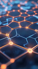 Obraz premium Futuristic hexagonal pattern filled with thin lines interconnecting glowing hexagons. In this background, hexagons represent digital interfaces or tech systems.