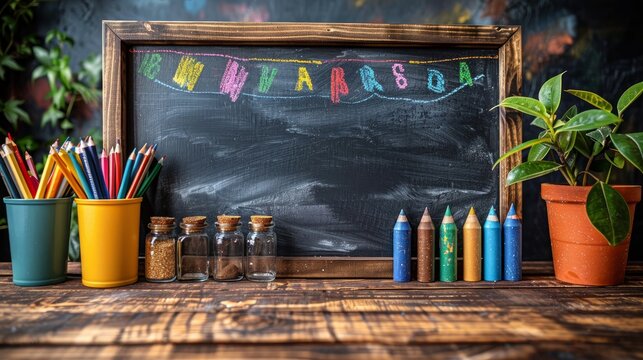 A blank chalkboard with colored pencils, jars and plants on a rustic wooden surface. - Powered by Adobe