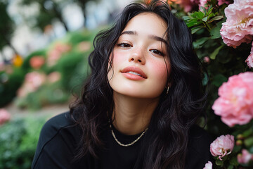 Fototapeta premium Asian woman with glowing, dewy skin with subtle hints of natural makeup exuding confidence and grace.