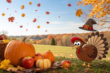 Cute Cartoon Pilgrim Turkey Bird with Pumpkins and Apples Surrounded by Autumn Landscape for Thanksgiving Day Greeting Card Design
