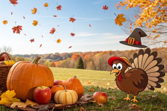 Cute Cartoon Pilgrim Turkey Bird with Pumpkins and Apples Surrounded by Autumn Landscape for Thanksgiving Day Greeting Card Design