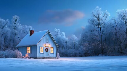 Cozy winter cottage illuminates frosty landscape with warm glow and holiday cheer