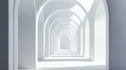 Fototapeta premium A long, white hallway with arches receding into the distance.