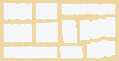 Set of torn paper sheet ripped strips. Torn notebook page or scrap note with damaged border. Sticky newspaper clip art. Vector illustration