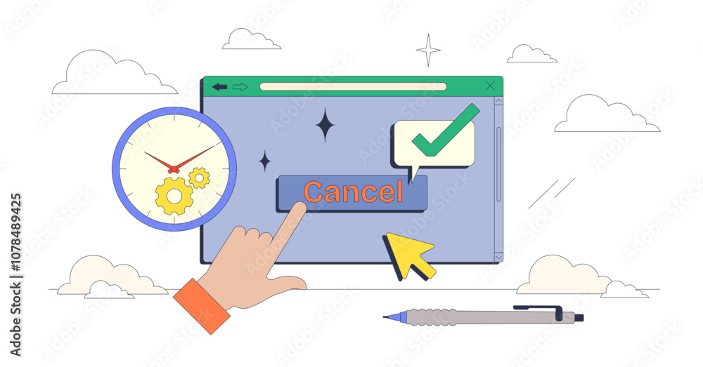 Poster click-to-cancel concept with a hand, cancel button, and clock symbolizing urgency and decision-makin