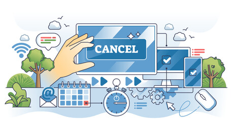 Click-to-cancel concept with hand, cancel button, and digital devices, transparent background.