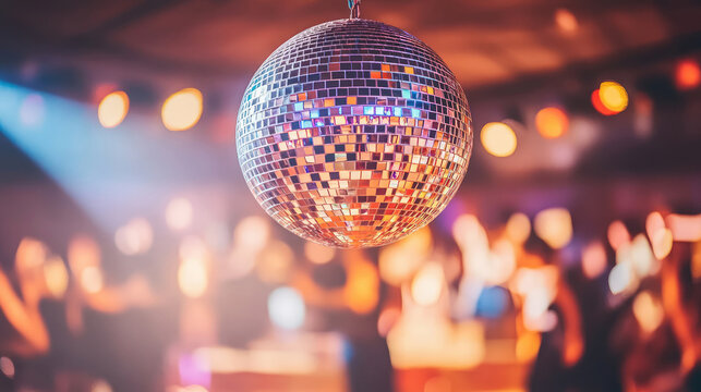 Close-up of a shiny disco ball with party lights in the background