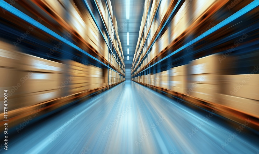 Aufkleber warehouse aisle with blurred motion effect, showcasing stacked boxes on shelves, illuminated by over