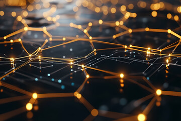 Futuristic hexagonal pattern filled with thin lines interconnecting glowing hexagons. In this background, hexagons represent digital interfaces or tech systems.