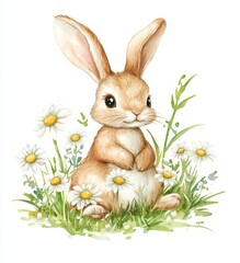 An adorable rabbit with perked ears sits surrounded by daisies, its expressive eyes and soft fur highlighting its playful, animated demeanor in its habitat.