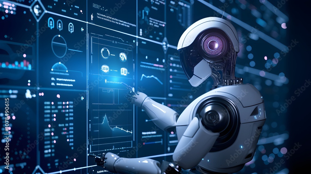 Poster representation of a data analyst robot interpreting usergenerated information ai generated illustrat