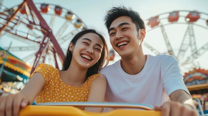 Fototapeta premium A young couple laughs together at a carnival.