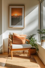 Room design showcasing a wooden frame containing a chic minimalistic movie poster AI generated illustration