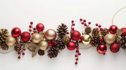 christmas gaarland with red and gold balls and pinecones