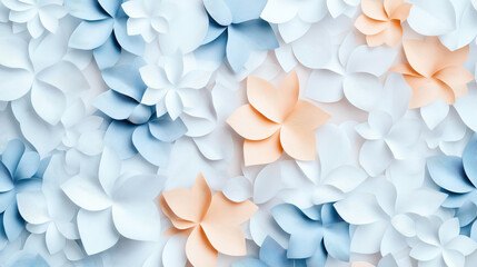 Abstract composition of layered paper flowers in pastel colors, featuring blue, peach, and white hues with textured, intricate petal designs creating a visually appealing pattern.