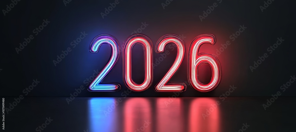 Poster neon sign displaying the year 2026 in blue and red on a dark background with reflection