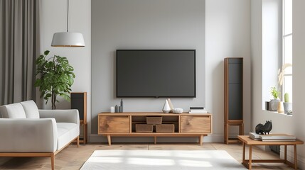 Fototapeta premium Room layout highlighting a warm wooden frame containing a modern minimalistic cinematic poster AI generated illustration