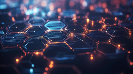 Obraz premium Futuristic hexagonal pattern filled with thin lines interconnecting glowing hexagons. In this background, hexagons represent digital interfaces or tech systems.