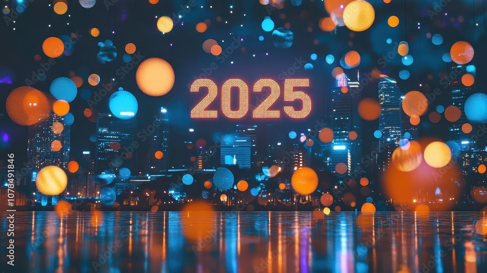 Poster advanced cityscape with floating projections and colorful bokeh effects set against a modern skyline