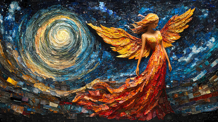 An angel in the night sky in a brightly colored mosaic