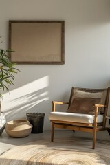 Rustic wooden frame holding a minimalistic cinema poster in a chic modern room AI generated illustration