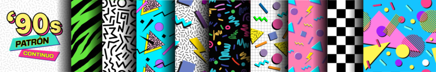 Colección de Patrones Sin Costuras de los 90. Conjunto de patrones vivos, modernos y de estilo retro de los años 1990. Gráficos abstractos, llamativos y vintage para telas, textiles y ropa