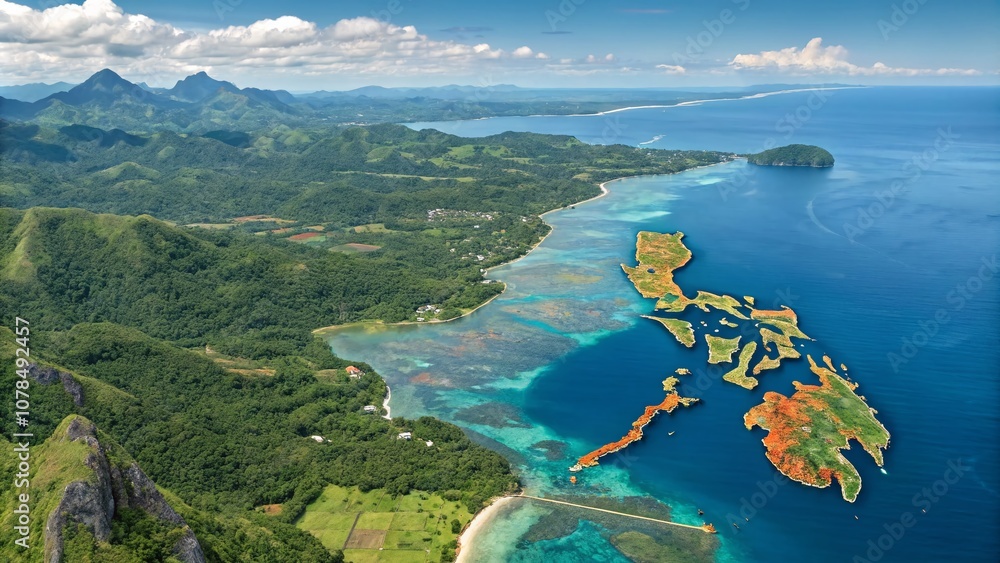 Poster detailed 3d map representation of the philippines with vibrant colors and geographical features, ide