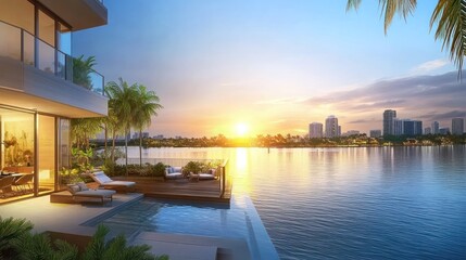 Fototapeta premium Close up of a modern villa with a private infinity pool on the roof overlooking the skyline. Ai generated image