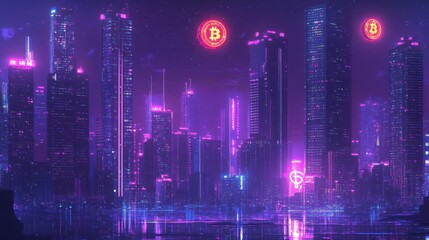 A cyberpunk cityscape with glowing skyscrapers and bitcoin symbols.