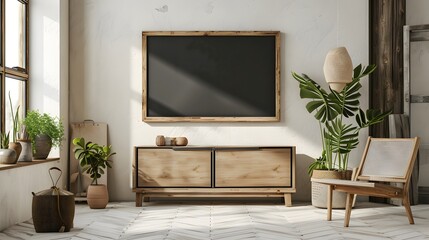 Rustic wooden frame with a minimalistic cinema poster in a stark chic room AI generated illustration