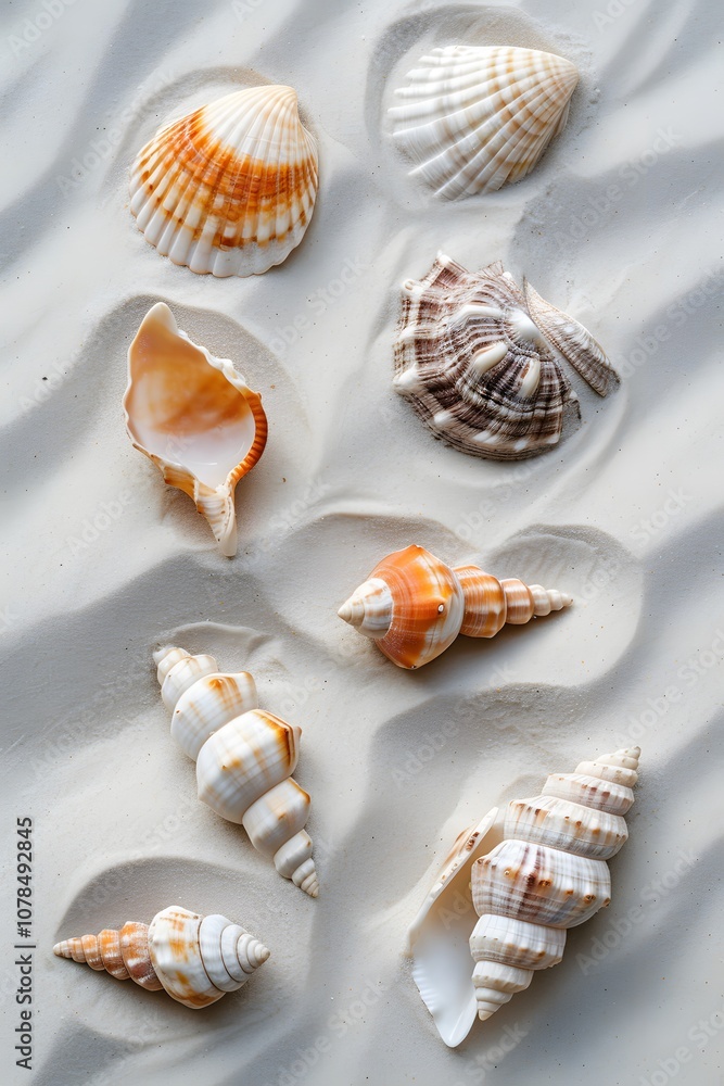 Poster scattered seashells in a flat lay atop smooth sand displayed in a minimalistic ai generated illustra