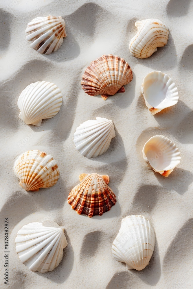 Poster scattered seashells in a flat lay atop smooth sand displayed in a minimalistic ai generated illustra