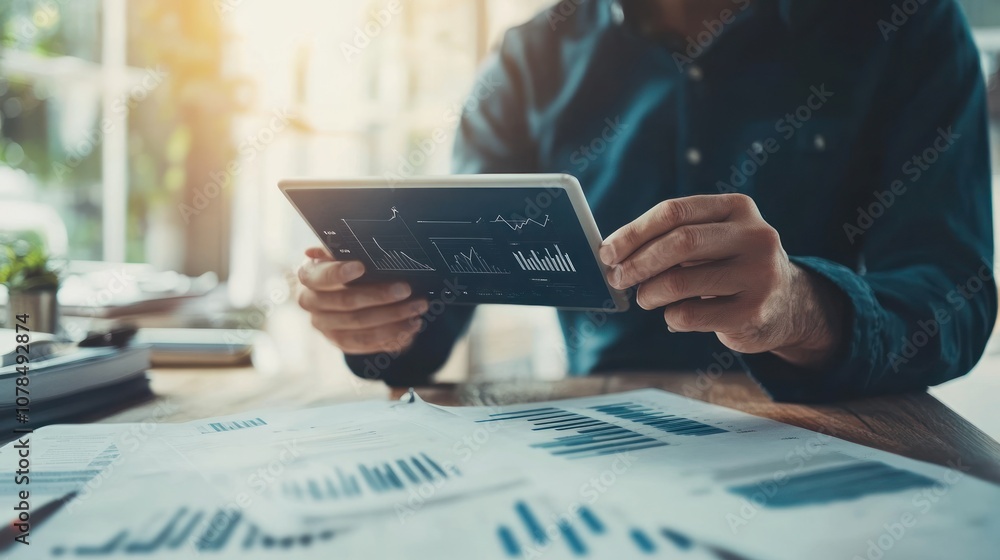 Poster a person analyzing data on a tablet, surrounded by printed graphs and reports.