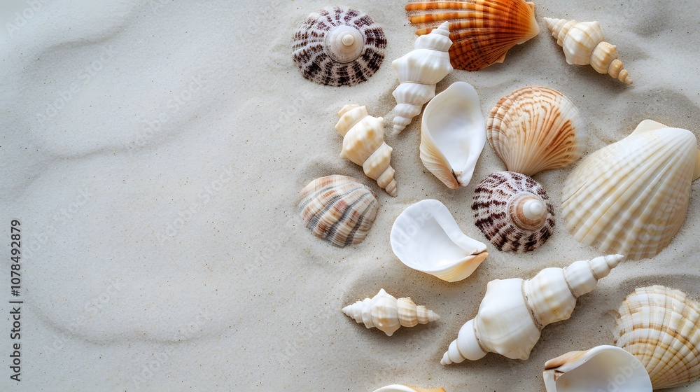 Poster scattered seashells in a flat lay atop smooth sand displayed in a minimalistic ai generated illustra