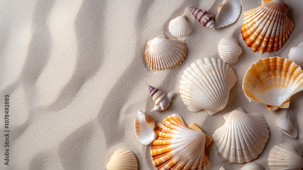Poster scattered seashells in a flat lay atop smooth sand displayed in a minimalistic ai generated illustra