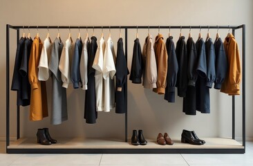 A modern clothing rack showcases various styles of apparel and shoes in a chic boutique environment.