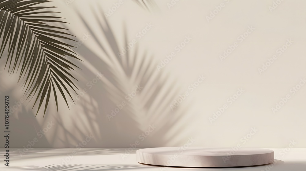 Poster semiabstract background in minimalist with an unoccupied podium and a palm leaf shadow for a refined