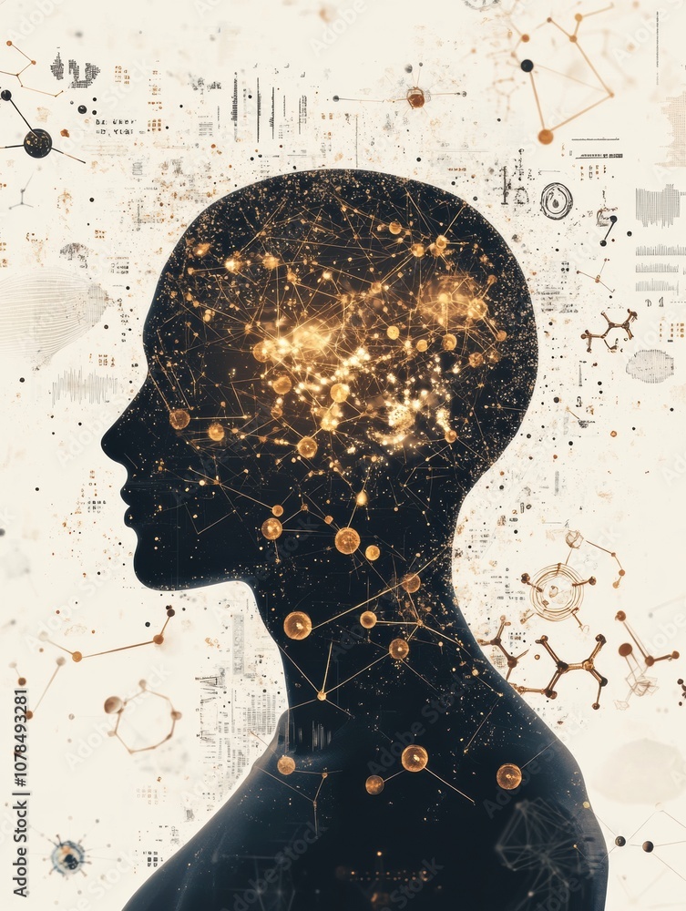 Poster a silhouette represents human understanding, intertwined with molecular structures and diagrams, hig