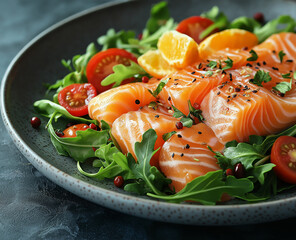 Smoked salmon with arugula salad, cherry tomato, and orange on a grey plate, perfect for fine dining photography.