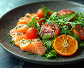 Smoked salmon with arugula salad, cherry tomato, and orange on a grey plate, perfect for fine dining photography.