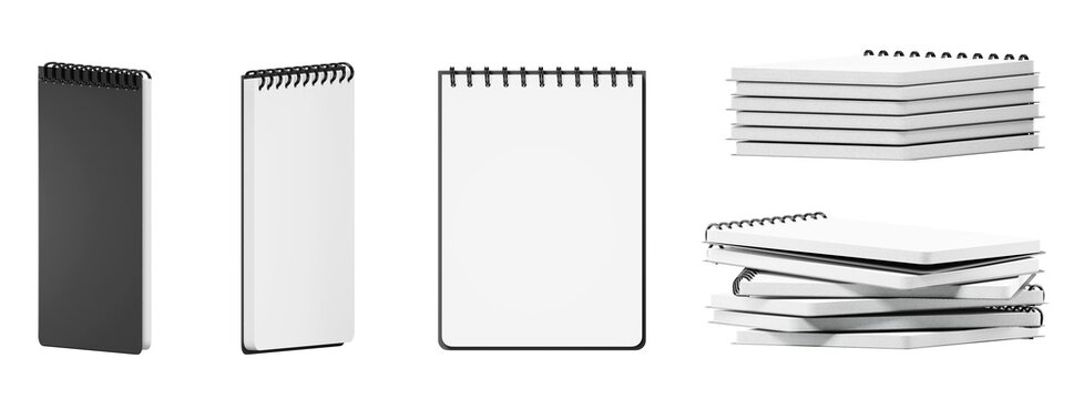 3d spiral bound notebook stack with white paper isolated on transparent background png render. Notepad mockup with open black cover and blank sheet for school education, office. 3D illustration