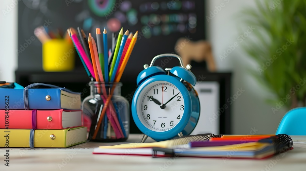 Poster show a childs desk with notebooks stationery and an alarm clock signifying back to school ai generat