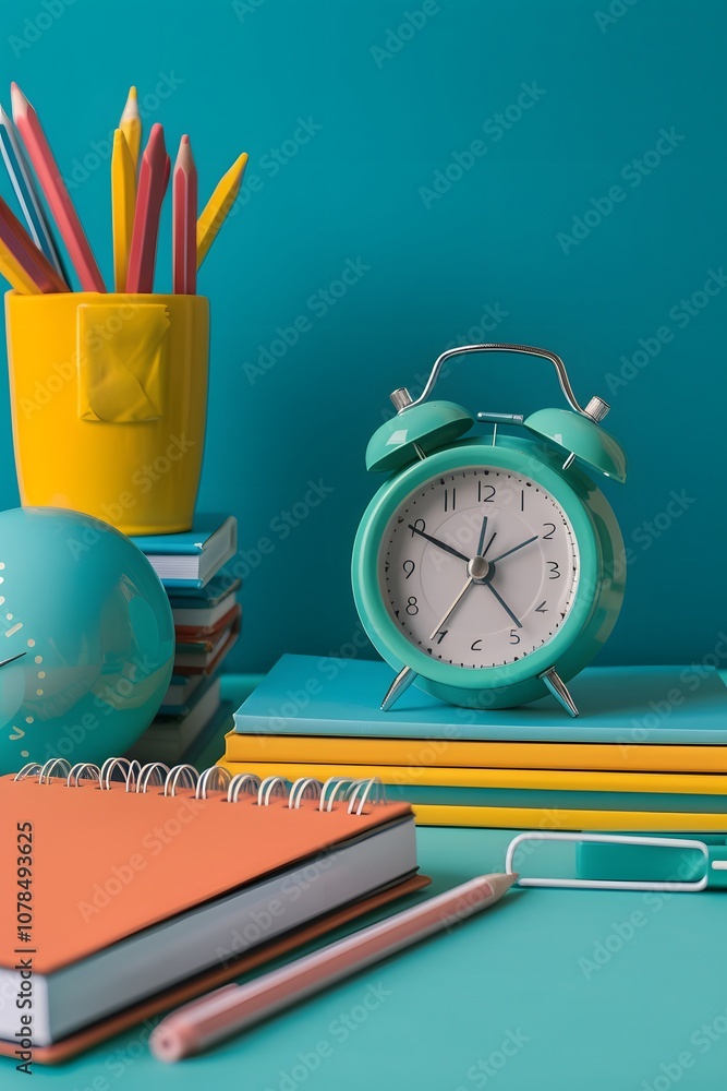 Poster show a childs desk with notebooks stationery and an alarm clock signifying back to school ai generat