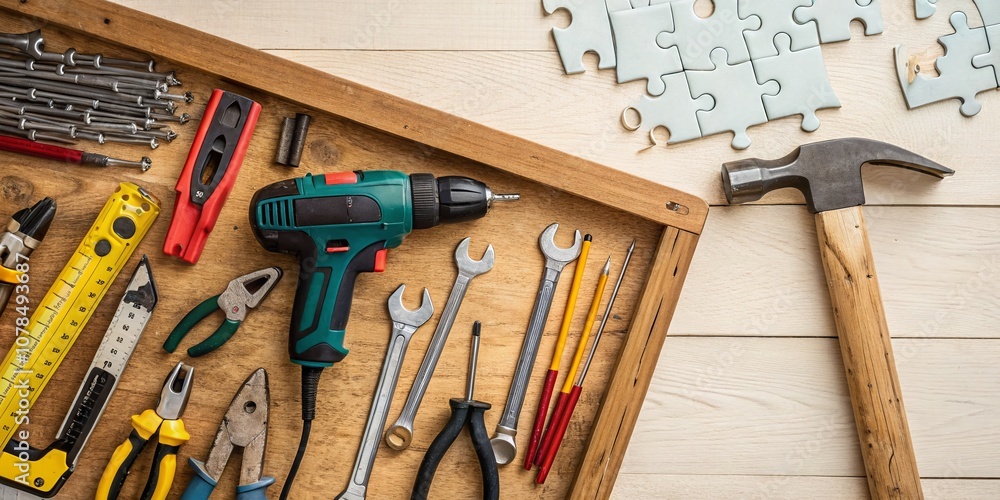 Aufkleber diverse collection of power and hand tools for puzzle template with copy space for generative ai use